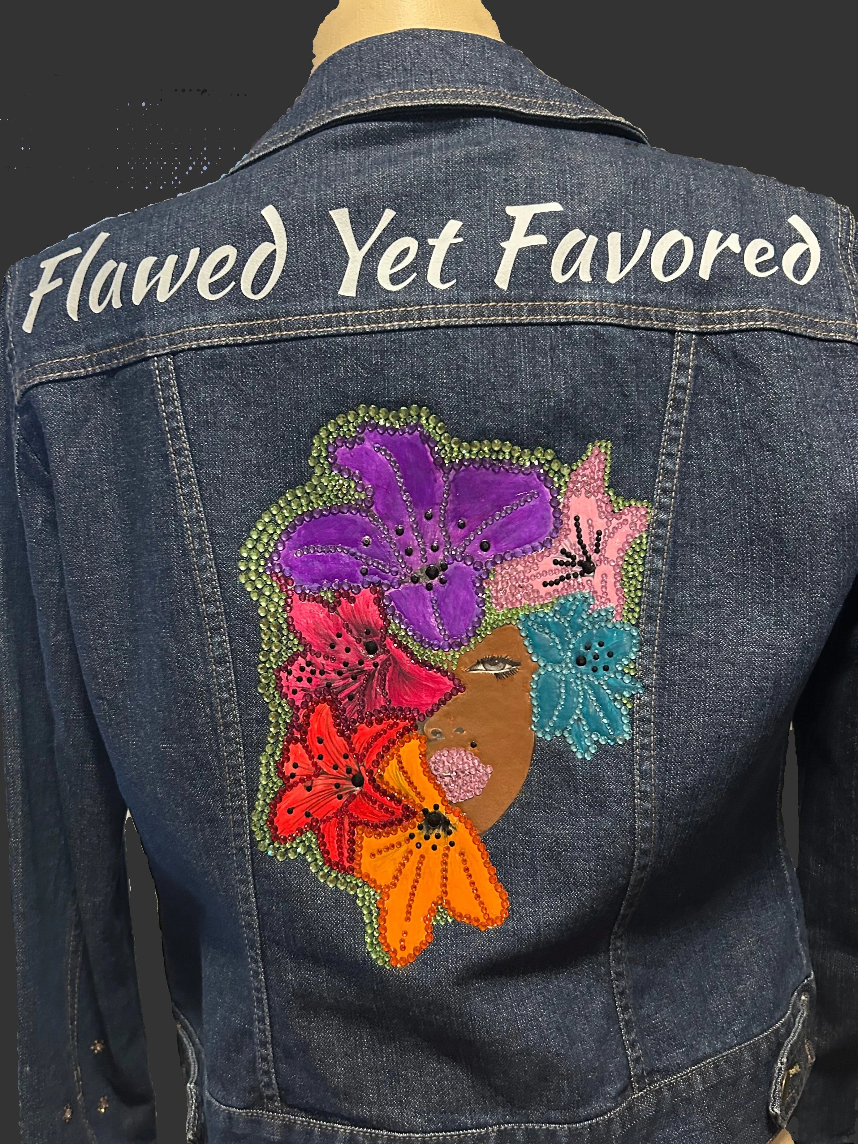 Denim jacket with half of faces exposed to show you are flawed but changing with the help of GOD.
